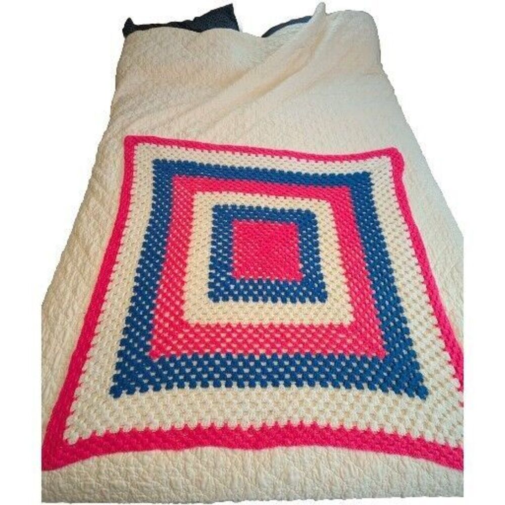 Hand Crocheted Baby Afghan Crib Blanket Pastel Handmade Pink Blue Squared - Picture 5 of 5